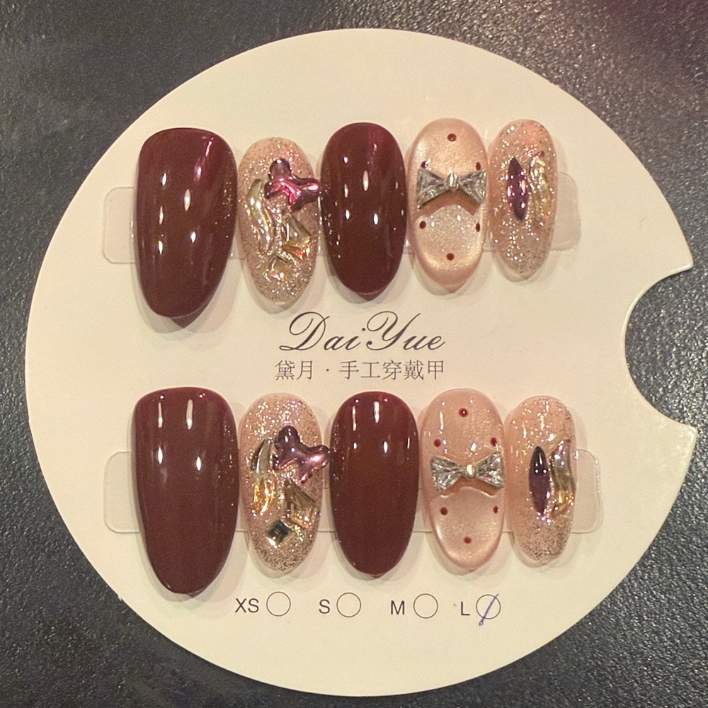 PRESS ON Burgundy and Gold pink medium almond shape Pink Press-On Nails